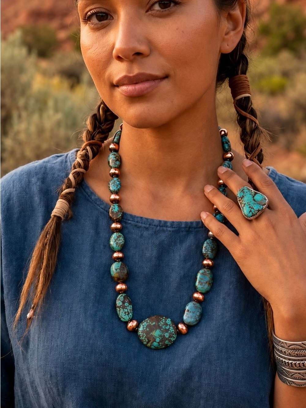 Native Style Copper Navajo Pearl Inspired Green Turquoise Beaded Necklace